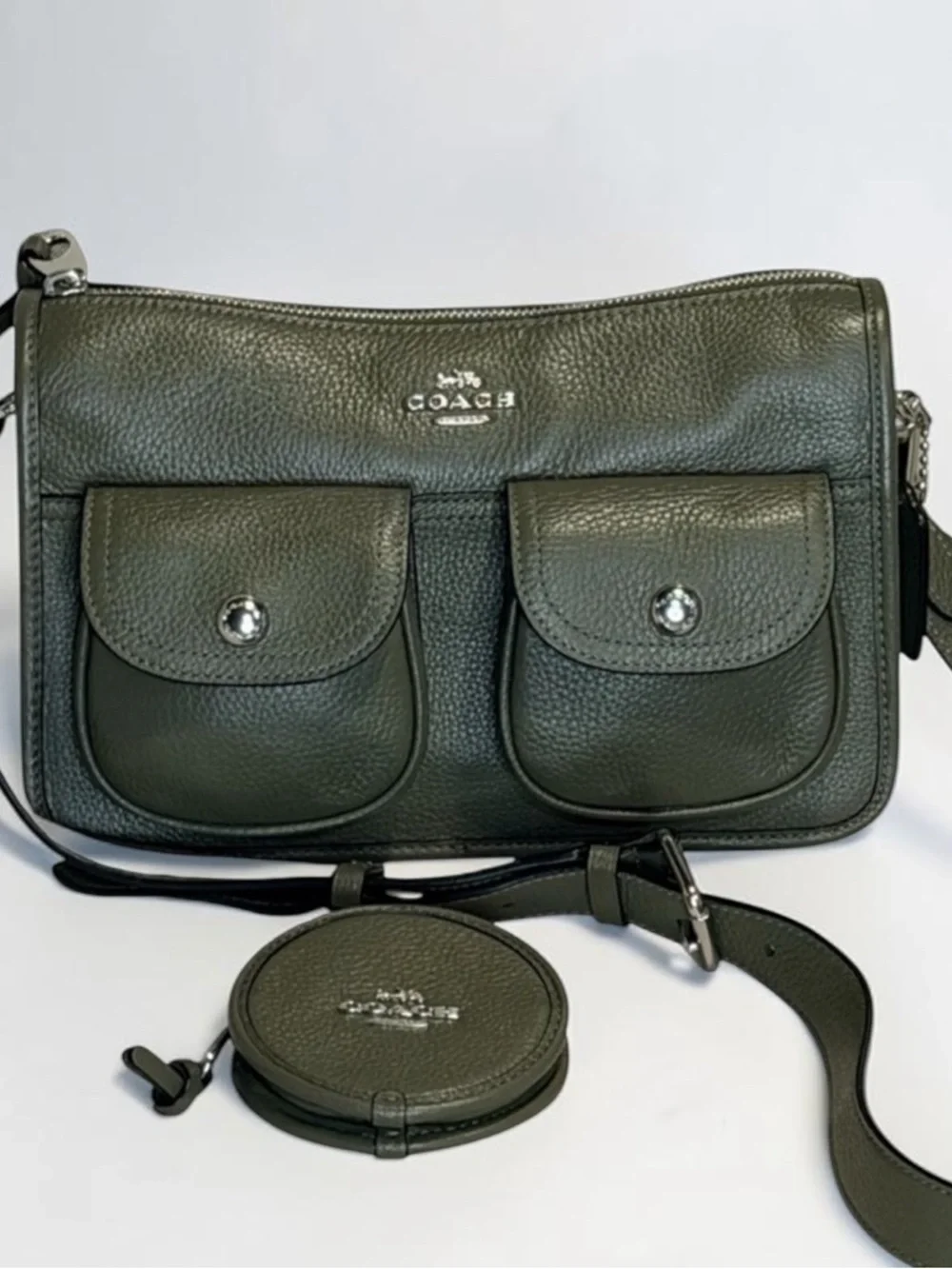 COACH Olive Green Leather Crossbody Bag & Coin Case - Picture 2 of 16